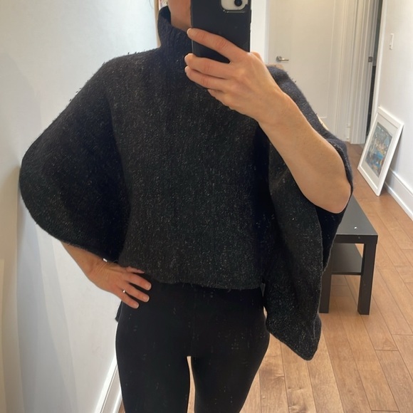 DKNY pure merino wool turtleneck poncho cape black white speckles size S - Picture 12 of 15